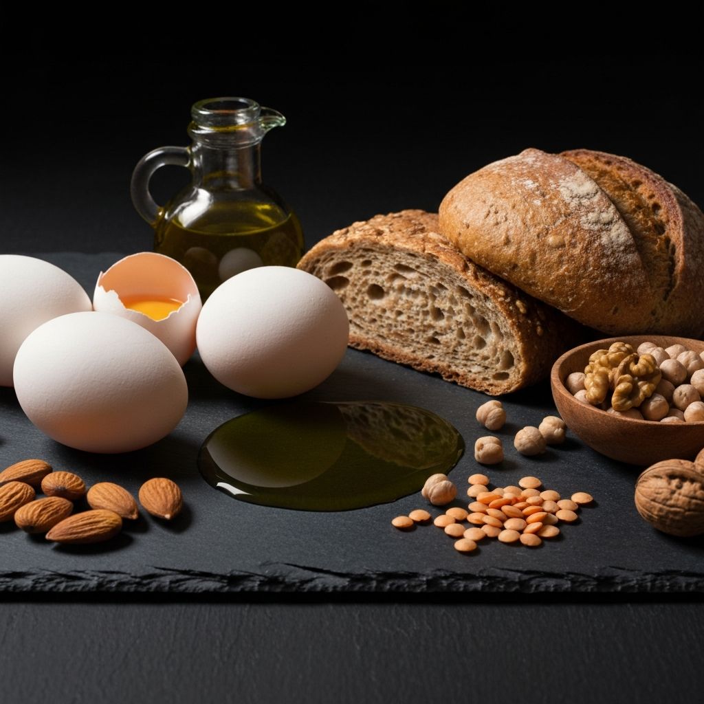 Macronutrient foods including eggs, whole grain bread, and nuts on a dark slate surface with dramatic lighting