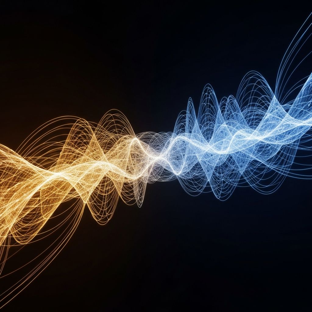 Abstract visualization of energy pathways with flowing geometric light forms in warm amber and blue