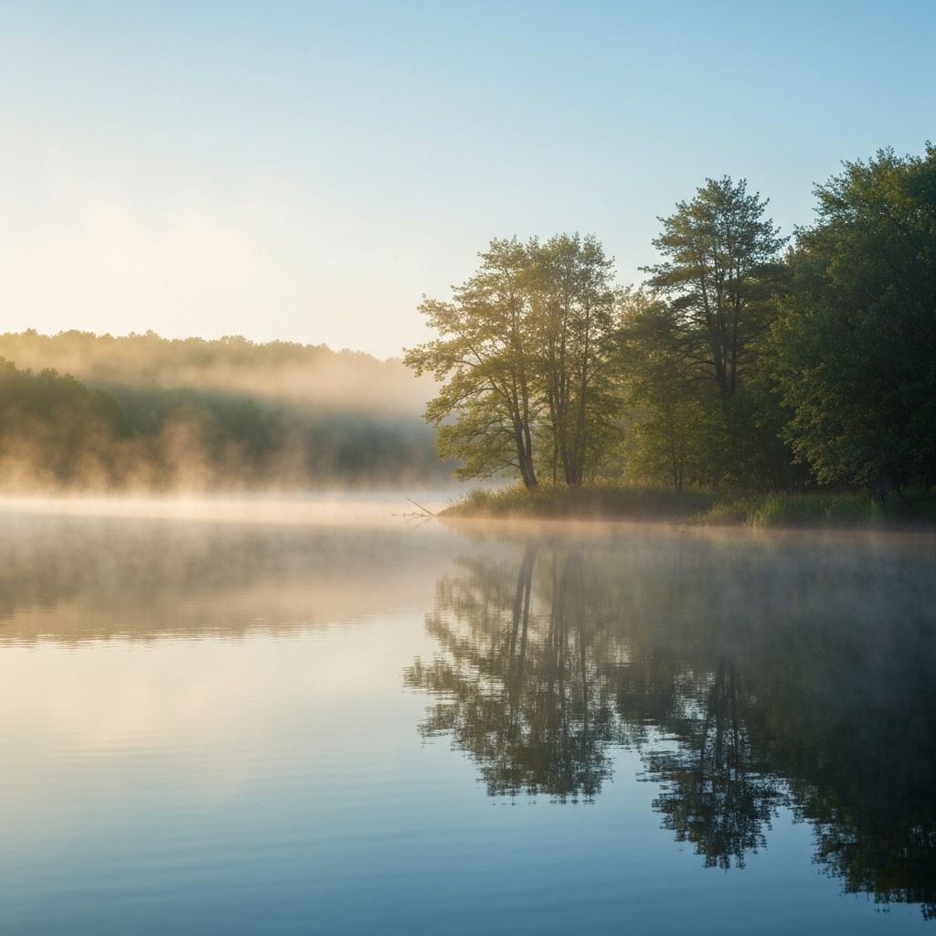 Serene natural landscape at dawn with calm lake reflection and soft morning light